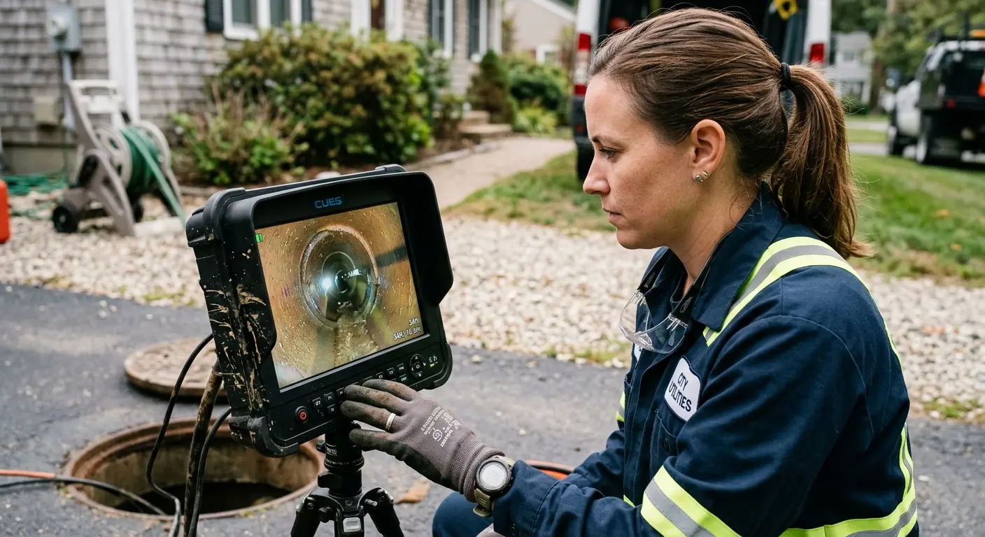Technician reviewing sewer camera inspection footage in Shenango