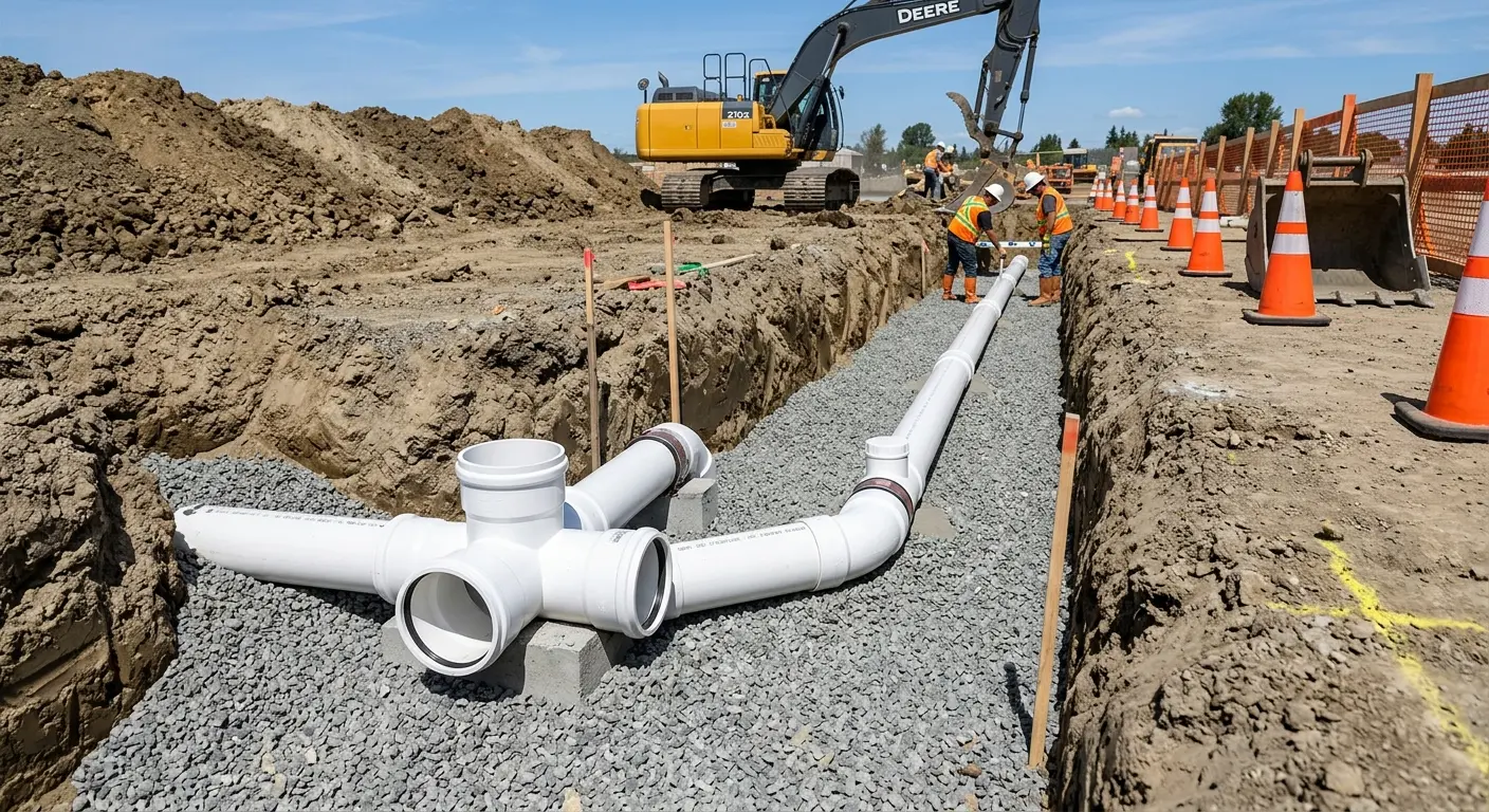 New PVC sewer pipe installation in open trench for Sewer Backup in Shenango