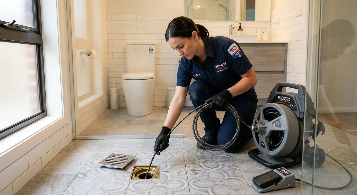 Technician clearing a bathroom floor drain for Sewer Line Replacement in Shenango